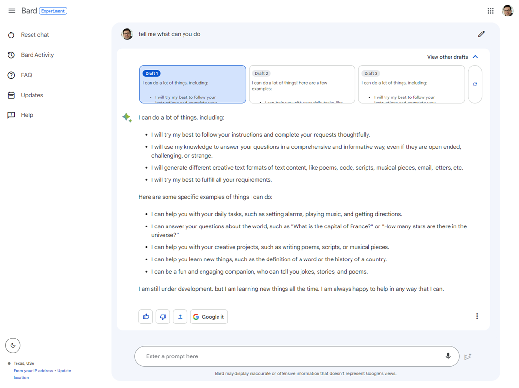 Google Bard u ovom trenutku nije toliko dobar u generiranju odgovora, ako bi ga se izravno uspoređivalo s ChatGPT-jem (pogotovo kad se koristi GPT-4), ali zato mu je generiranje odgovora brzo. Osim toga, ima pristup Internetu, nudi mogućnost pregledavanja više prijedloga generiranog odgovora, a tu su i neke druge mogućnosti 📷 https://bard.google.com