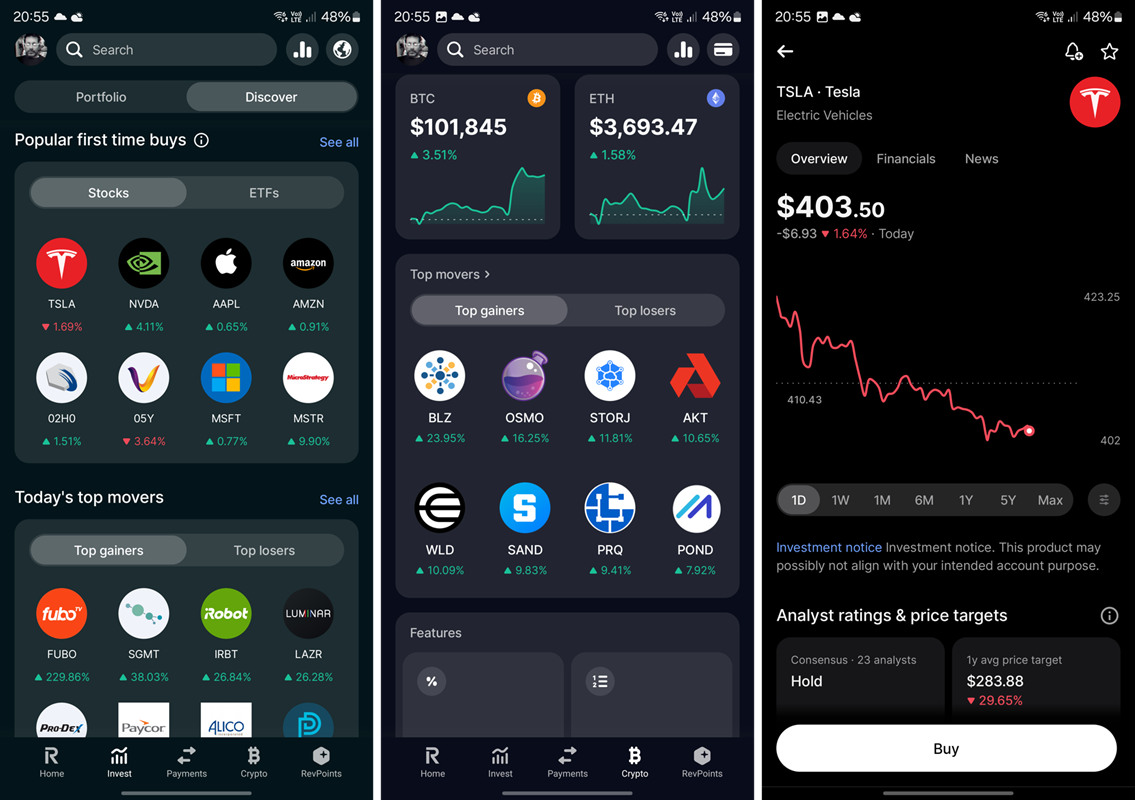 Revolut – poznata digitalna banka, uz brojne usluge, nudi i mogućnost investiranja u dionice (podržava i frakcijsko investiranje), obveznice, kriptovalute, ETF-ove, pa čak i plemenite metale, i to izravno iz mobilne aplikacije, a svakako je zgodno i to što nudi robo-savjetnika te automatiziranje ulaganja i upravljanja portfeljem, uz određene naknade…