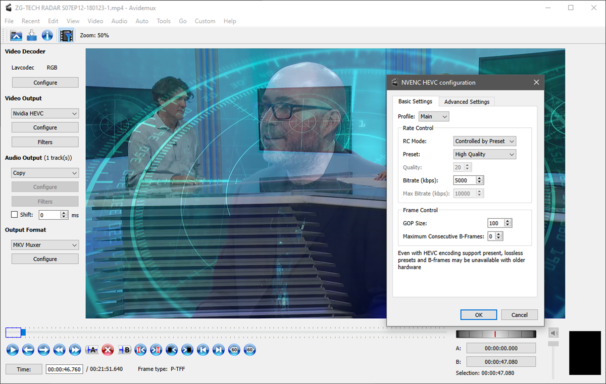 Ovdje možete vidjeti što se može dogoditi ako interlaced video rekodirate bez deinterlacinga; kako biste u AviDemuxu mogli obaviti deinterlacing, prvo za Video Output morate odabrati neki videokodek (znači, ne smije ostati Copy) i onda ga morate podesiti, pri čemu je naglasak na bitrate (u prozoru NVENC HEVC configuration vidite da je defaultni bitrate 5000 kbit/s), da vam izlazna datoteka ne ispadne zapanjujuće prevelika (ili zapanjujuće premala, uništene kvalitete slike)